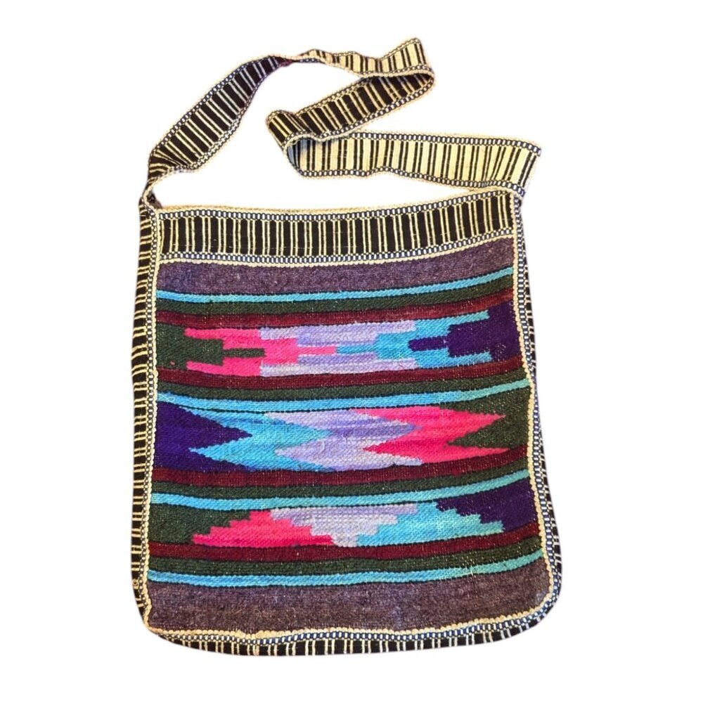 Vintage Wool Sarape Blanket Shoulder Bag Boho Vibrant Ecuador Zipper‎ Closure